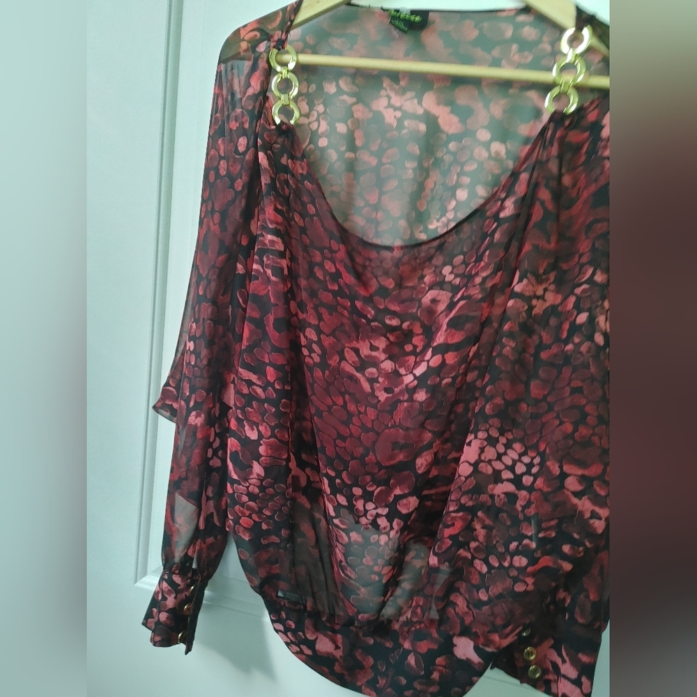 Cartise Chic Vibrant Red & Pink Patterned Flowy Sheer Top ~ Size L